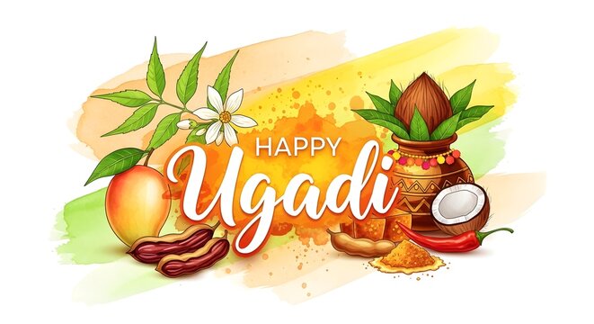 Happy ugadi festival greeting card design with traditional elements