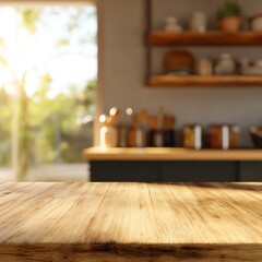 Bright kitchen with wooden counter and shelves.