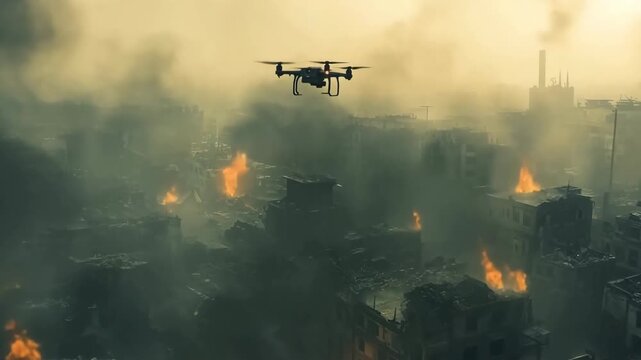 Modern drone flying over a burning city with destroyed buildings, dense smoke, and flames