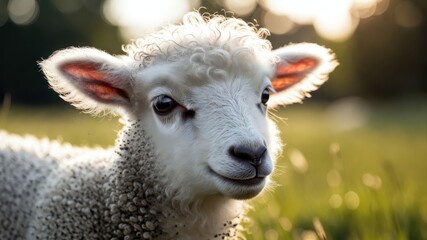 Close up lamb portrait in pasture at golden hour
