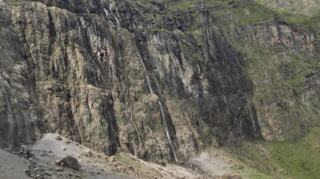 Tall waterfall cascading down dramatic rocky cliffs in the Cirque de Gavarnie, French Pyrenees, with lush green patches and rugged terrain.