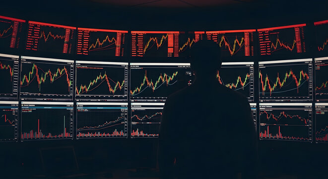 A solitary silhouette observes multiple screens displaying complex financial market data and trading charts.