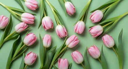 Obraz premium A beautiful arrangement of pink tulips on a light green background showcasing their delicate petals and vibrant colors in a stunning floral display