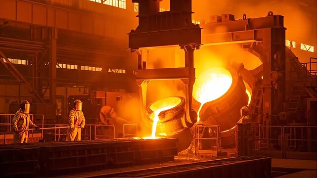 Workers in protective gear overseeing the pouring of glowing molten metal in a hot industrial steel mill or foundry, symbolizing heavy manufacturing.