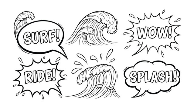 Dynamic Water Graphics: A collection of dynamic water illustrations with surf-themed speech bubbles, capturing the exhilaration and movement of the ocean.