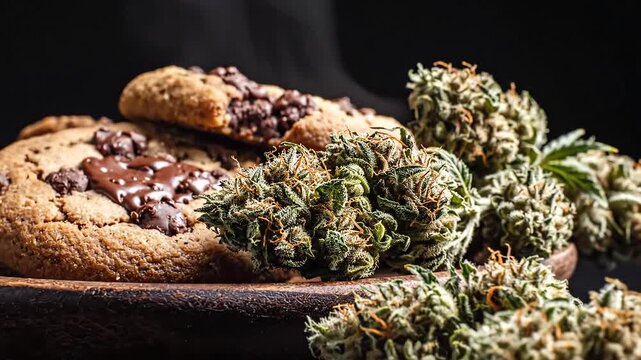 Delicious Chocolate Chip Cookies and Fresh Cannabis Buds Arranged Artfully on a Wooden Plate with Smoke Rising in a Studio Setting.