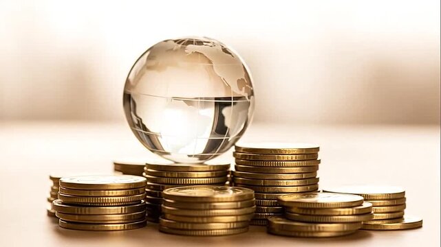 Stacks of Gold Coins Topped with a Clear Glass Globe in a Bright Studio.