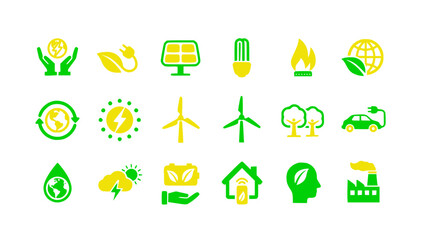 Green vector icons showing solar power, wind energy, electric cars, eco home, and sustainable living themes.