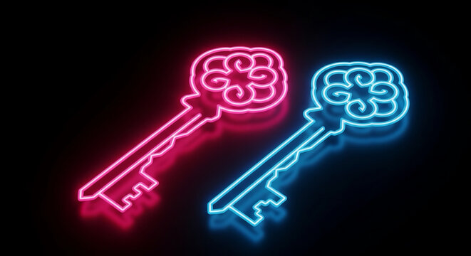 Neon lit red and blue keys with floral designs on black background symbolizing choices and opportunities