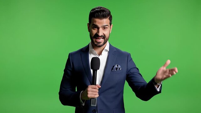 journalist speaking confidently in front of a green screen during a live broadcast or recording session, delivering news or commentary with expressive gestures and professional attire for media