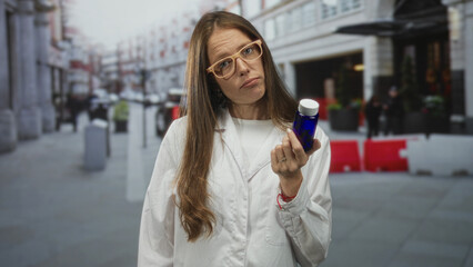 Fototapeta premium Scientist woman in lab coat holding blue pill bottle, reading small label while standing on a busy street in the city; uncertainty.