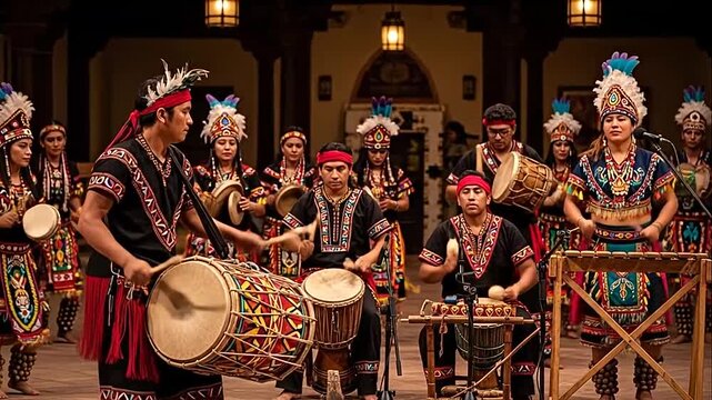 Energetic group of indigenous people playing traditional drums in vibrant cultural attire during a performance indoors.