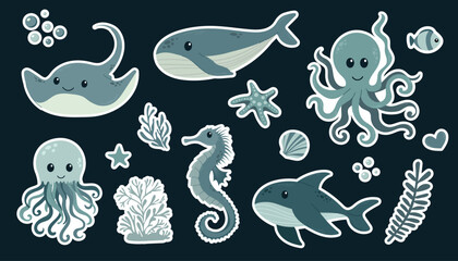 Cute vector underwater animal set with whale, shark, octopus, stingray, jellyfish and seahorse. Ocean sticker collection in blue tones, perfect for nursery decor, kids prints and marine design.