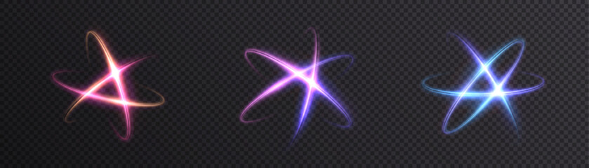 A set of glowing starbursts with rotating light rings, creating an abstract atomic shimmer effect. Vector illustration © Valeriia