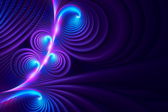 Neon unfurling spirals abstract background with copy space. Fractal render. Like a fern or plant. Suited to technology, beginnings, start-up themes.