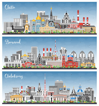 Barnaul, Cheboksary and Chita Russia city skyline set with color buildings and blue sky. Cityscape with landmarks.