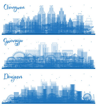 Outline Gwangju, Daejeon and Changwon South Korea City Skyline set with Blue Buildings. Cityscape with Landmarks.