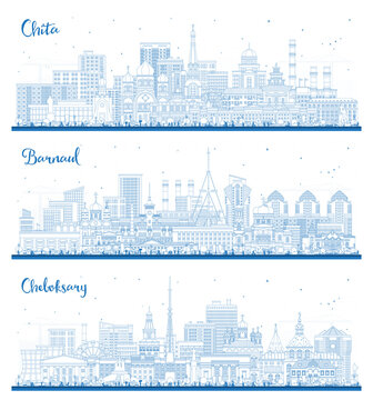 Outline Barnaul, Cheboksary and Chita Russia city skyline set with blue buildings. Cityscape with landmarks.