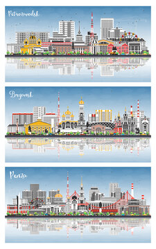 Penza Bryansk and Petrozavodsk Russia city skyline set with color buildings, blue sky and reflections. Cityscape with landmarks.