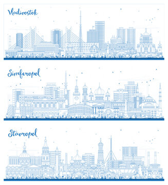 Outline Simferopol, Vladivostok, Stavropol Russia city skyline set with blue buildings. Cityscape with landmarks.