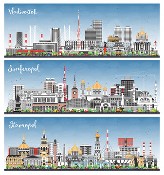 Simferopol, Vladivostok and Stavropol Russia city skyline set with color buildings and blue sky. Cityscape with landmarks.