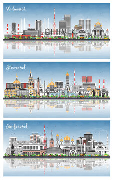 Stavropol, Simferopol, Vladivostok Russia city skyline set with color buildings, blue sky and reflections. Cityscape with landmarks.