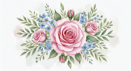Fototapeta premium A bouquet of pink roses and blue flowers on a white background