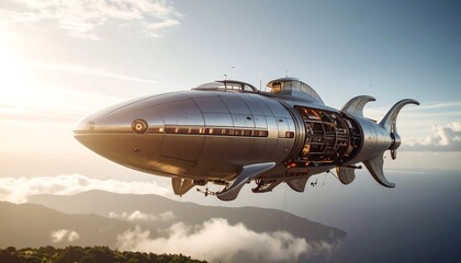 Obraz premium Surreal flying fish airship with greenery above clouds at sunset, fantasy eco travel concept illustration