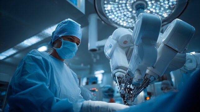 Moody cinematic shot of a surgeon using a robotic arm in a high tech theatre