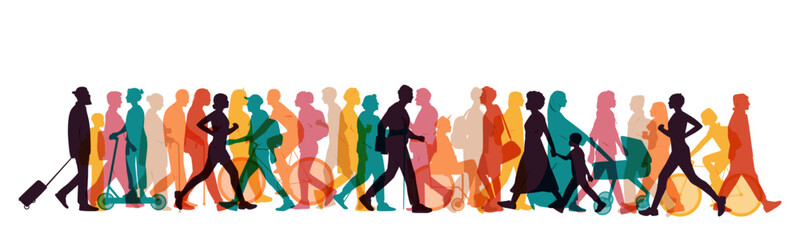 Obraz premium Silhouettes of different people on the street. Colourful design.