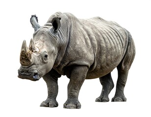Obraz premium A rhino with thick, gray skin, standing isolated on white, shows age & character in wrinkles and horn texture