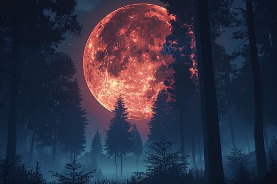 Serene Night Scene with a Large Full Moon