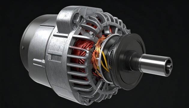 A silver and black car alternator component displaying copper windings against a dark background