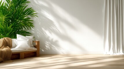 A serene and minimalist living room featuring a cozy bench adorned with pillows, a large lush plant, and soft shadows cast on the wall, epitomizing tranquility and comfort.