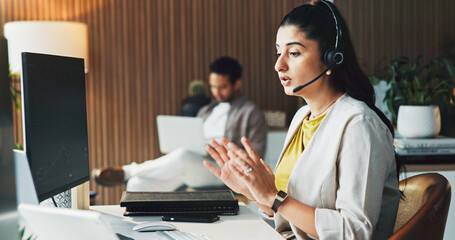Call center, computer and woman in office, typing for customer service or headset for...