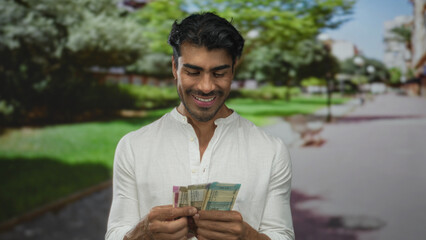 Young man smiling while counting rupee banknotes with hands under sunlight in park; prosperity savings investment security.