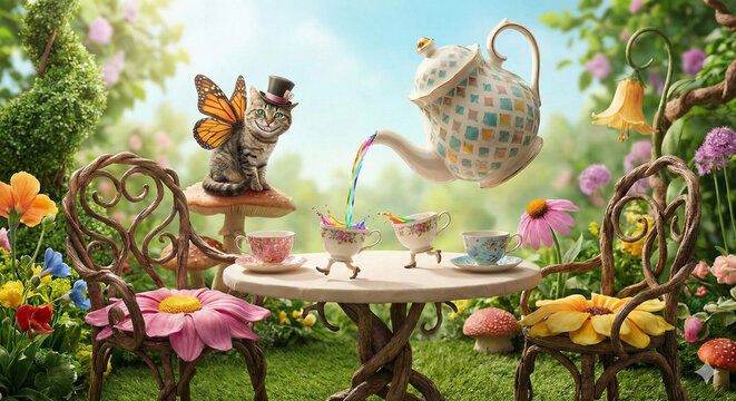 Surreal tea party in the forest, cat with butterfly wings and walking teacups, magical spring garden landscape