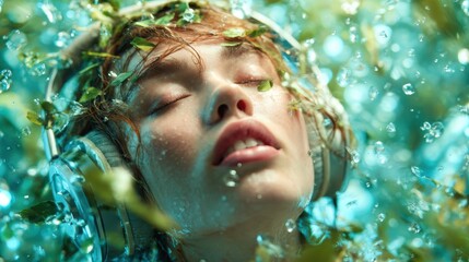 A captivating underwater image of a girl wearing headphones, surrounded by floating leaves and bubbles, symbolizing a blend of music and nature in a serene aquatic environment.