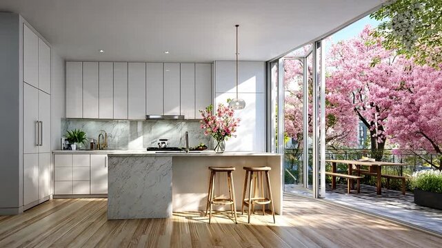 Modern Bright Kitchen with Beautiful Spring Garden View and Flowers