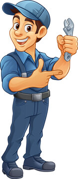 A mechanic or plumber handyman cartoon mascot man holding a wrench or spanner and pointing