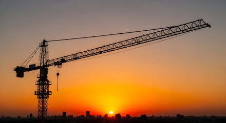 A towering crane stands tall against the backdrop of a vibrant sunset at a construction site.
