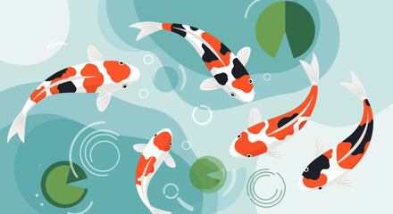 Colorful Koi Fish Swimming in Pond with Lily Pads
