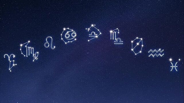 Illuminated zodiac constellations sparkling against a deep blue starry night sky, representing cosmic alignment and destiny.