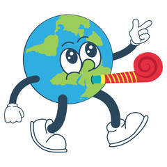 Obraz premium Cartoon Earth Celebrating with Party Blower