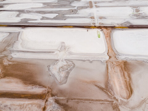 Aerial view of stark white salt ponds contrasting with earthy brown hues, creating a surreal landscape, Old Chandler Potash Mine Site, Western Australia, Australia.