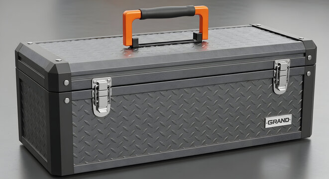 A sturdy grey aluminum toolbox with orange handle and silver latches