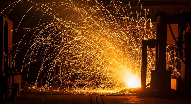 Sparks flying from a metal grinding wheel in a workshop during the night.