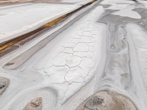 Aerial view of parched earth revealing cracked surfaces and earthy tones, a stark contrast, Old Chandler Potash Mine Site, Western Australia, Australia.