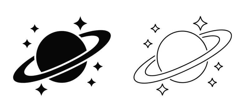 Planet saturn icon. Saturn planet with rings and stars icon set. Astronomical symbol for outer space exploration, solar system science, and cosmic universe design. Vector Illustration