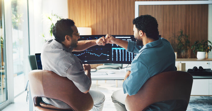 Back, investment and men with computer screen, fist bump for achievement or profit increase. Employees, people or professional in office, pc or gesture for stock market exchange or charts for trading